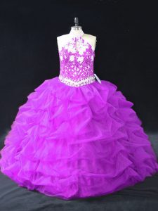Clearance Halter Top Sleeveless Quinceanera Dress Floor Length Beading and Pick Ups Purple Organza