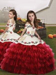 Red Sleeveless Floor Length Embroidery and Ruffled Layers Lace Up Pageant Dress Womens
