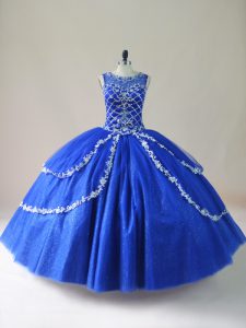 Nice Floor Length Royal Blue Ball Gown Prom Dress Tulle Sleeveless Beading