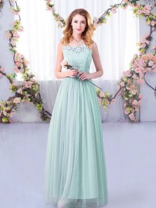 Superior Tulle Sleeveless Floor Length Bridesmaid Gown and Lace and Belt
