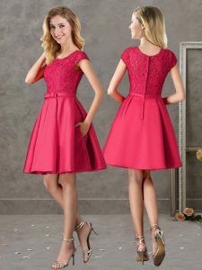 Fabulous Red Scoop Neckline Lace Bridesmaid Gown Short Sleeves Zipper