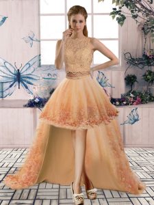 Two Pieces Dress for Prom Gold Scoop Tulle Sleeveless High Low Backless