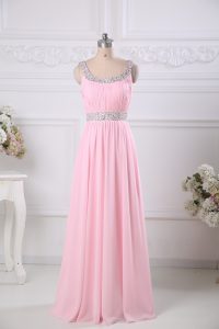 Trendy Baby Pink Empire Chiffon Scoop Sleeveless Beading and Ruching Floor Length Side Zipper Homecoming Dress