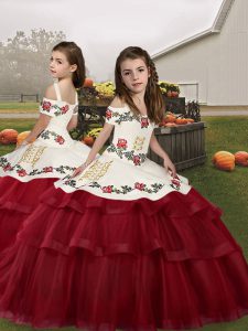 Floor Length Ball Gowns Sleeveless Wine Red Girls Pageant Dresses Lace Up