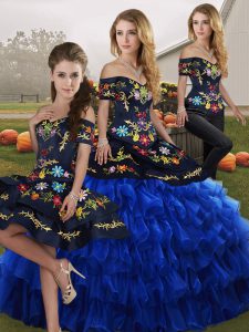 Floor Length Lace Up Vestidos de Quinceanera Blue And Black for Military Ball and Sweet 16 and Quinceanera with Embroidery and Ruffled Layers
