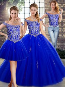Royal Blue Tulle Lace Up Ball Gown Prom Dress Sleeveless Floor Length Beading