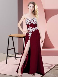 Extravagant Burgundy Column/Sheath Lace and Appliques Prom Dress Zipper Chiffon Sleeveless Floor Length