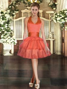 Glorious Orange Red Ball Gowns Halter Top Sleeveless Tulle Mini Length Lace Up Ruffled Layers Red Carpet Gowns