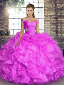 Suitable Off The Shoulder Sleeveless Lace Up Ball Gown Prom Dress Lilac Organza