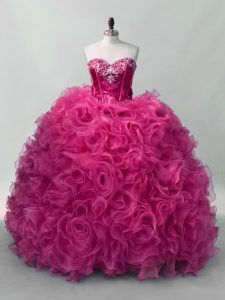 Delicate Hot Pink Organza Lace Up Sweetheart Sleeveless Floor Length Quinceanera Gowns Ruffles and Sequins