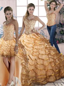 Gold Vestidos de Quinceanera Sweet 16 and Quinceanera with Ruffled Layers Halter Top Sleeveless Brush Train Lace Up