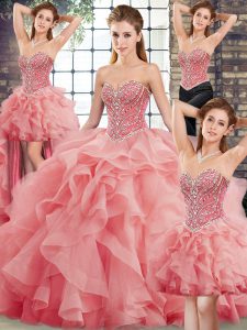 New Arrival Sweetheart Sleeveless Sweet 16 Quinceanera Dress Brush Train Beading and Ruffles Watermelon Red Tulle