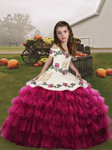 Adorable Fuchsia Ball Gowns Spaghetti Straps Sleeveless Organza Floor Length Lace Up Embroidery and Ruffled Layers Little Girls Pageant Gowns