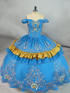 Floor Length Lace Up Vestidos de Quinceanera Blue for Sweet 16 and Quinceanera with Embroidery