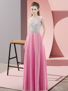 Best Selling Scoop Sleeveless Prom Evening Gown Floor Length Beading Rose Pink Satin
