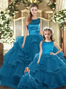 Teal Ball Gowns Tulle Scoop Sleeveless Ruffles Floor Length Lace Up Sweet 16 Quinceanera Dress