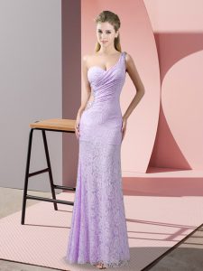 Vintage Lavender Column/Sheath Lace One Shoulder Sleeveless Beading and Lace Floor Length Criss Cross Prom Gown