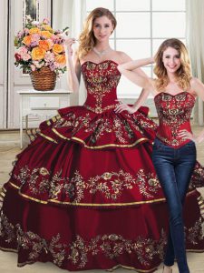 Colorful Wine Red Two Pieces Sweetheart Sleeveless Satin and Organza Lace Up Embroidery and Ruffled Layers Vestidos de Quinceanera