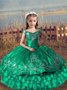 Satin and Organza Off The Shoulder Sleeveless Lace Up Embroidery and Ruffled Layers Girls Pageant Dresses in Turquoise