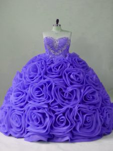 Captivating Lavender Fabric With Rolling Flowers Lace Up 15 Quinceanera Dress Sleeveless Brush Train Beading