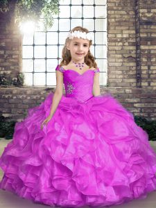 Lilac Lace Up Kids Pageant Dress Beading and Ruffles Sleeveless Floor Length