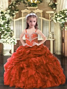 Beading and Ruffles Kids Pageant Dress Rust Red Lace Up Sleeveless Floor Length