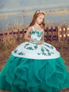 Sleeveless Floor Length Embroidery and Ruffles Lace Up Little Girls Pageant Dress with Teal