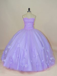 Lavender Tulle Backless Sweet 16 Quinceanera Dress Sleeveless Floor Length Beading and Hand Made Flower