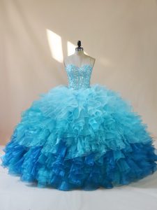 Cute Floor Length Multi-color 15th Birthday Dress Organza Sleeveless Beading and Ruffles