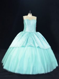 Aqua Blue Ball Gowns Scoop Sleeveless Satin and Tulle Floor Length Lace Up Beading Vestidos de Quinceanera