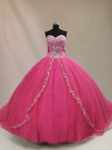 Hot Pink Ball Gowns Sweetheart Sleeveless Tulle Court Train Lace Up Beading Quince Ball Gowns