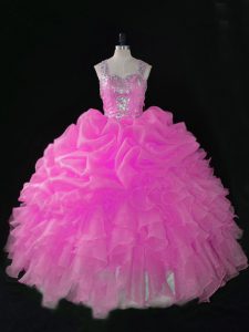 Ball Gowns Vestidos de Quinceanera Hot Pink Straps Organza Sleeveless Floor Length Zipper