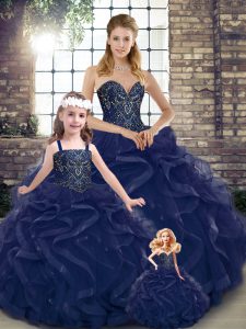 Trendy Navy Blue Ball Gowns Tulle Sweetheart Sleeveless Beading and Ruffles Floor Length Lace Up Quinceanera Gowns
