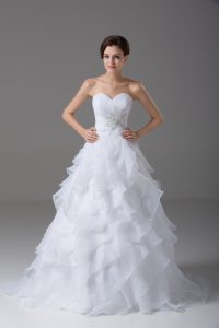 Sweetheart Sleeveless Organza Bridal Gown Beading and Ruffled Layers Brush Train Lace Up