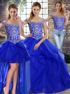 Clearance Royal Blue Tulle Lace Up Off The Shoulder Sleeveless Ball Gown Prom Dress Brush Train Beading and Ruffles