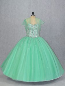 Apple Green Sleeveless Floor Length Beading Lace Up 15th Birthday Dress