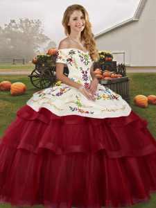 Sleeveless Embroidery and Ruffled Layers Lace Up Quinceanera Gown with Wine Red Brush Train