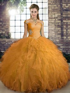 Orange Tulle Lace Up 15 Quinceanera Dress Sleeveless Floor Length Beading and Ruffles
