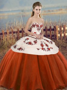 Noble Rust Red Ball Gowns Sweetheart Sleeveless Tulle Floor Length Lace Up Embroidery and Bowknot Vestidos de Quinceanera