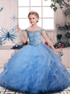 Beautiful Sleeveless Lace Up Floor Length Beading and Ruffles Little Girls Pageant Dress
