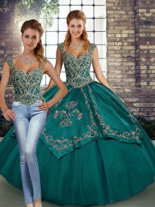 Decent Two Pieces Vestidos de Quinceanera Teal Straps Tulle Sleeveless Floor Length Lace Up