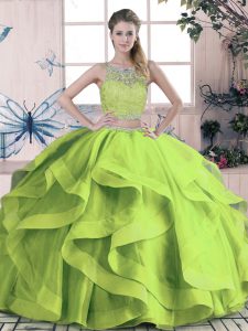 Floor Length Green Quinceanera Dress Tulle Sleeveless Beading and Lace and Ruffles