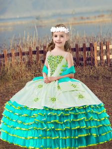 Straps Sleeveless Little Girls Pageant Gowns Floor Length Beading and Embroidery and Ruffled Layers Aqua Blue Organza