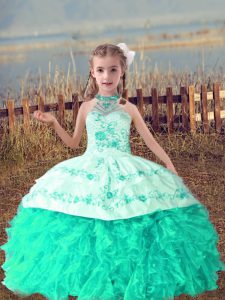 Turquoise Organza Lace Up Kids Formal Wear Sleeveless Floor Length Beading and Embroidery and Ruffles