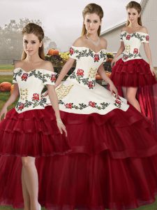 Excellent Wine Red Lace Up Quince Ball Gowns Embroidery and Ruffled Layers Sleeveless Brush Train