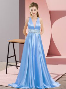 Baby Blue Elastic Woven Satin Backless V-neck Sleeveless Prom Dresses Brush Train Beading