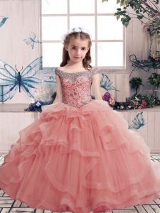 Scoop Sleeveless Lace Up Kids Pageant Dress Pink Tulle