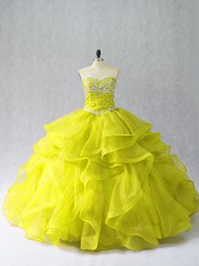 Floor Length Yellow Green Quince Ball Gowns Organza Sleeveless Beading and Ruffles