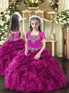 Discount Straps Sleeveless Lace Up Little Girls Pageant Dress Wholesale Fuchsia Organza