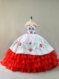 Fashion White And Red Off The Shoulder Neckline Embroidery and Ruffled Layers Quinceanera Gown Sleeveless Lace Up